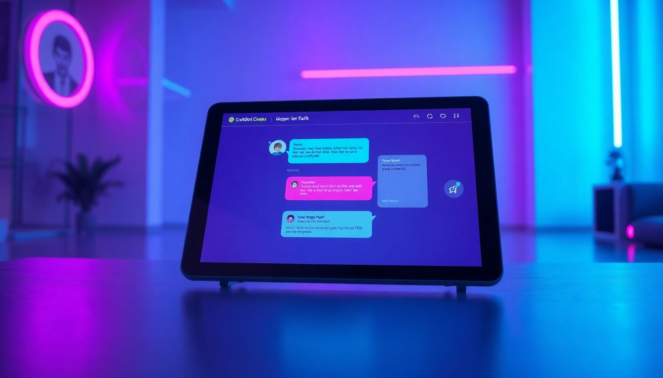 Futuristic chatbot interface on a high-tech tablet with neon accents and digital conversation visuals.