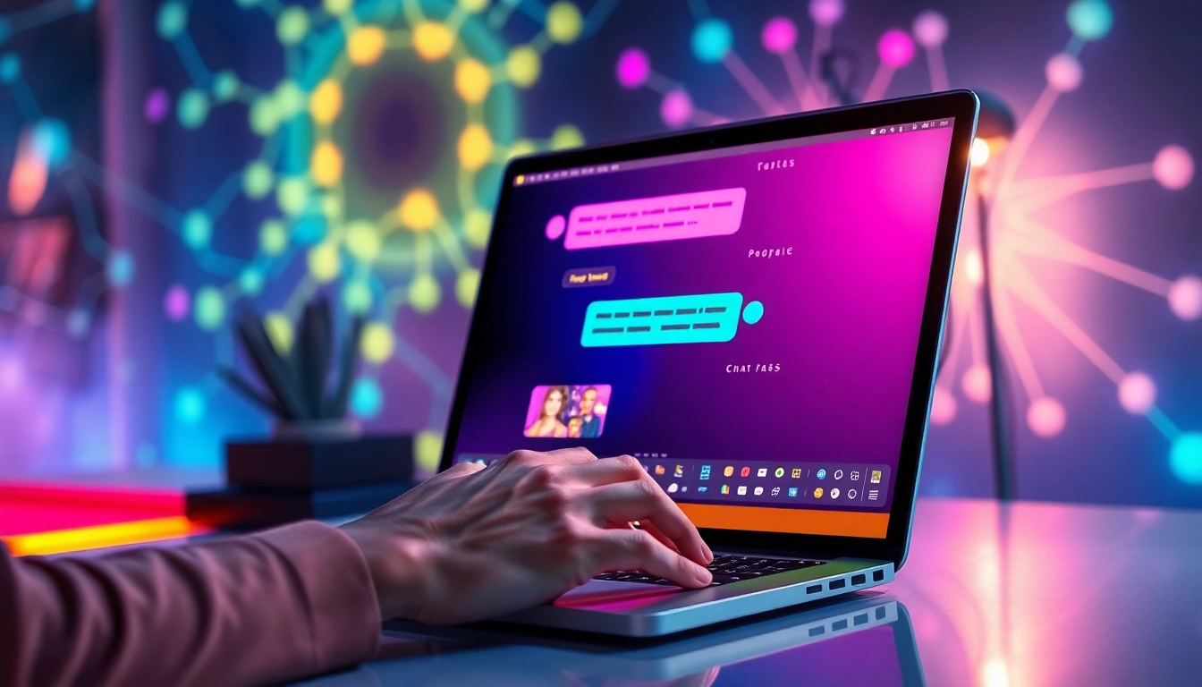 Futuristic workspace with a person engaging in AI chat on a sleek laptop, glowing interface, high-tech background