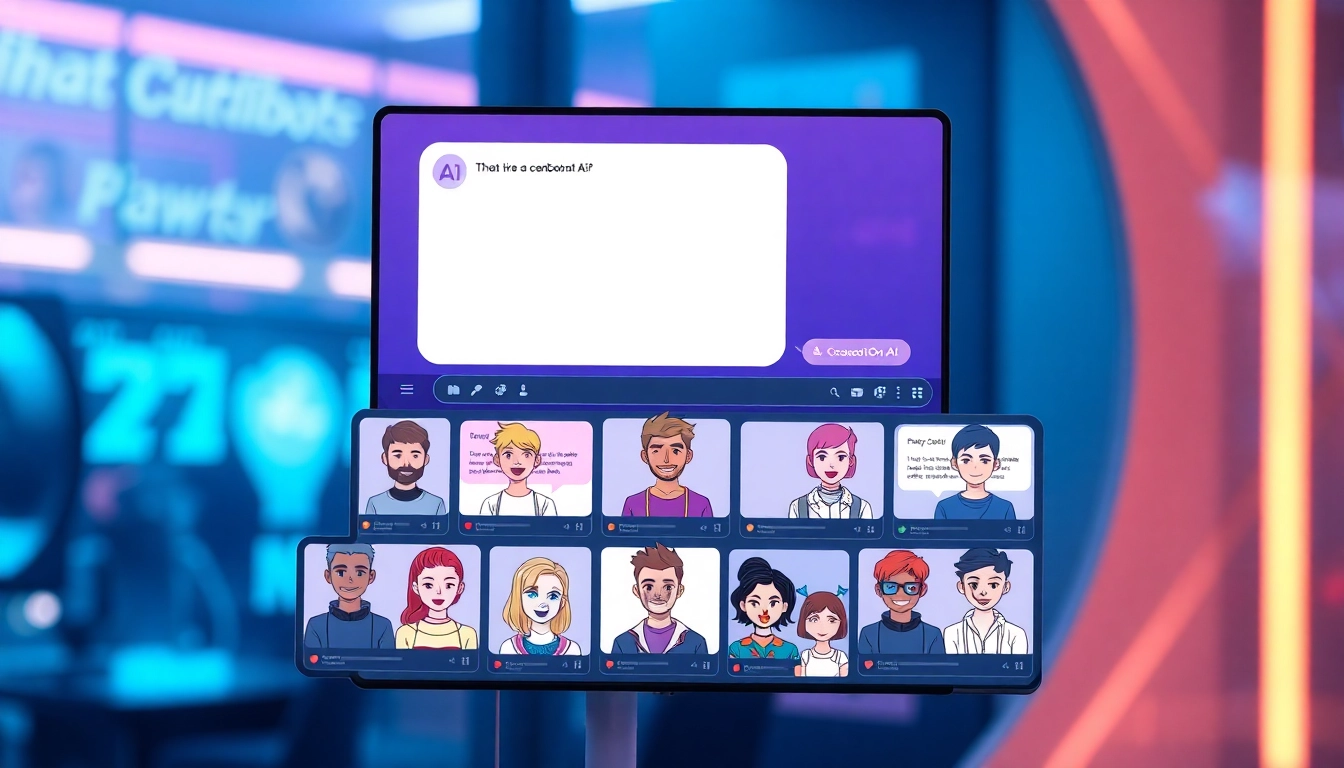 Illustration of a high-tech chat interface with diverse AI characters engaging in conversations, featuring vibrant colors and modern design elements.
