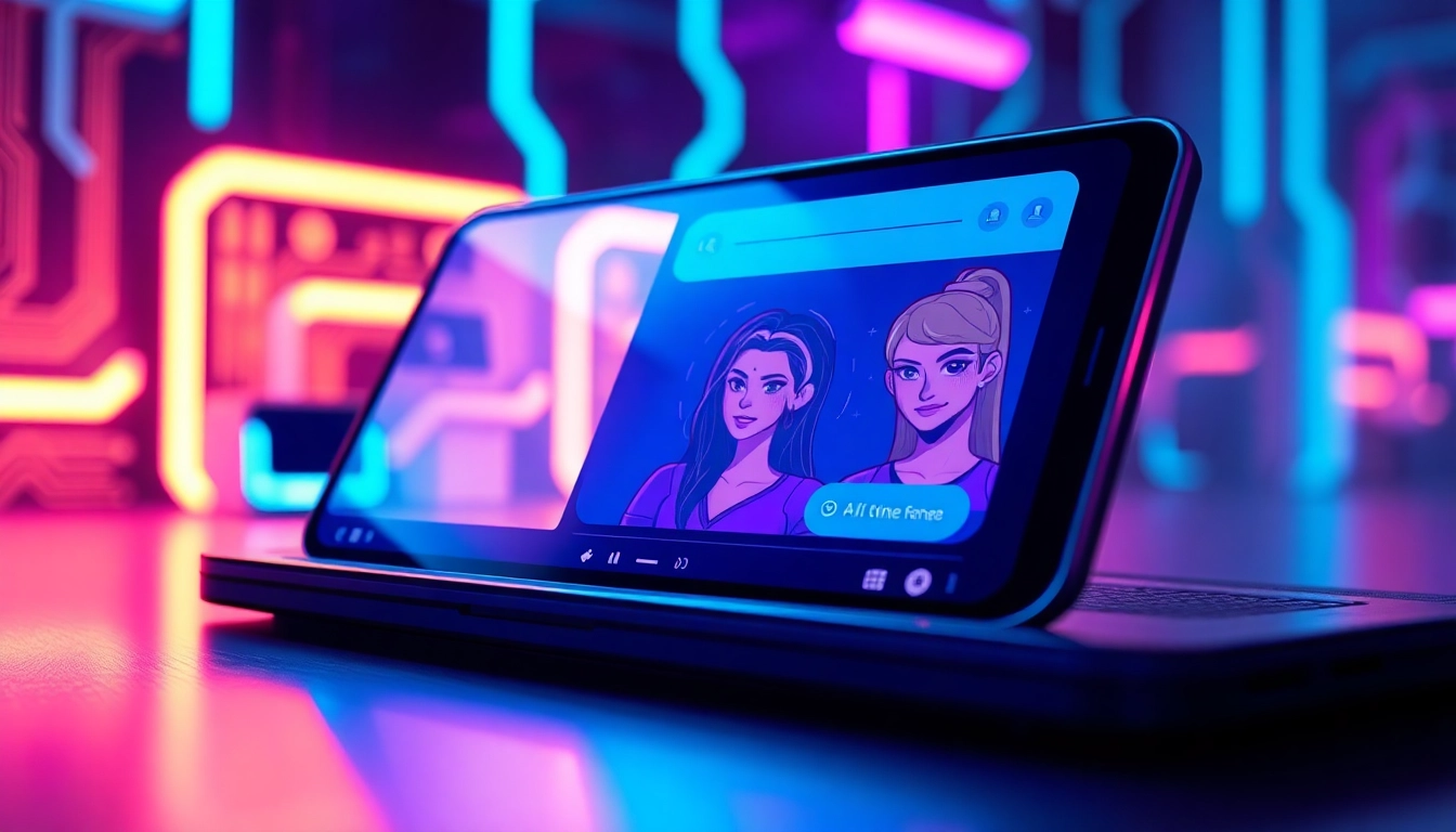 Futuristic AI chat interface with customizable characters on a digital device, glowing neon accents and a high-tech background.