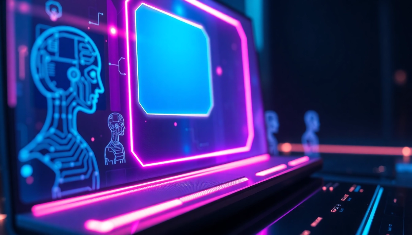 Futuristic AI chatbot interface with holographic conversation windows and glowing neon accents.