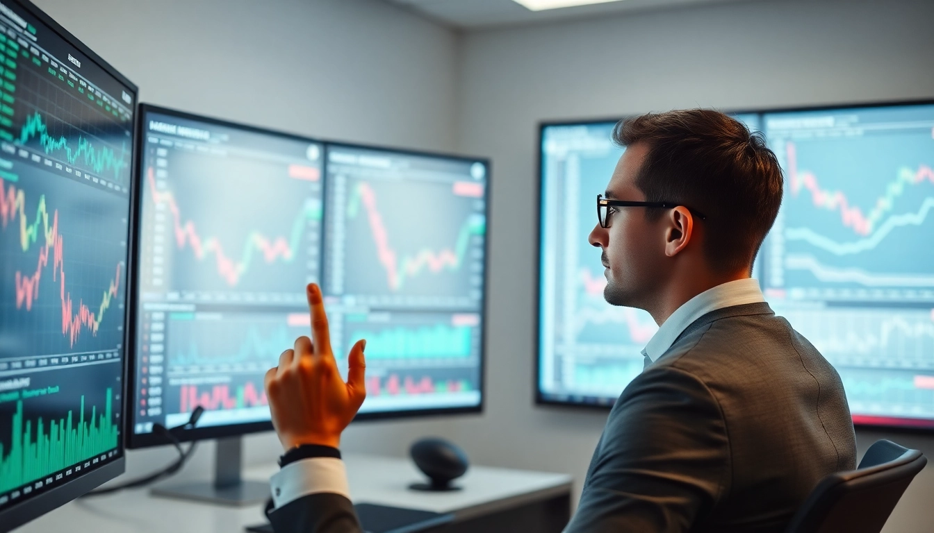 UK Stock Market News highlights financial analyst reviewing market data on screens in a modern